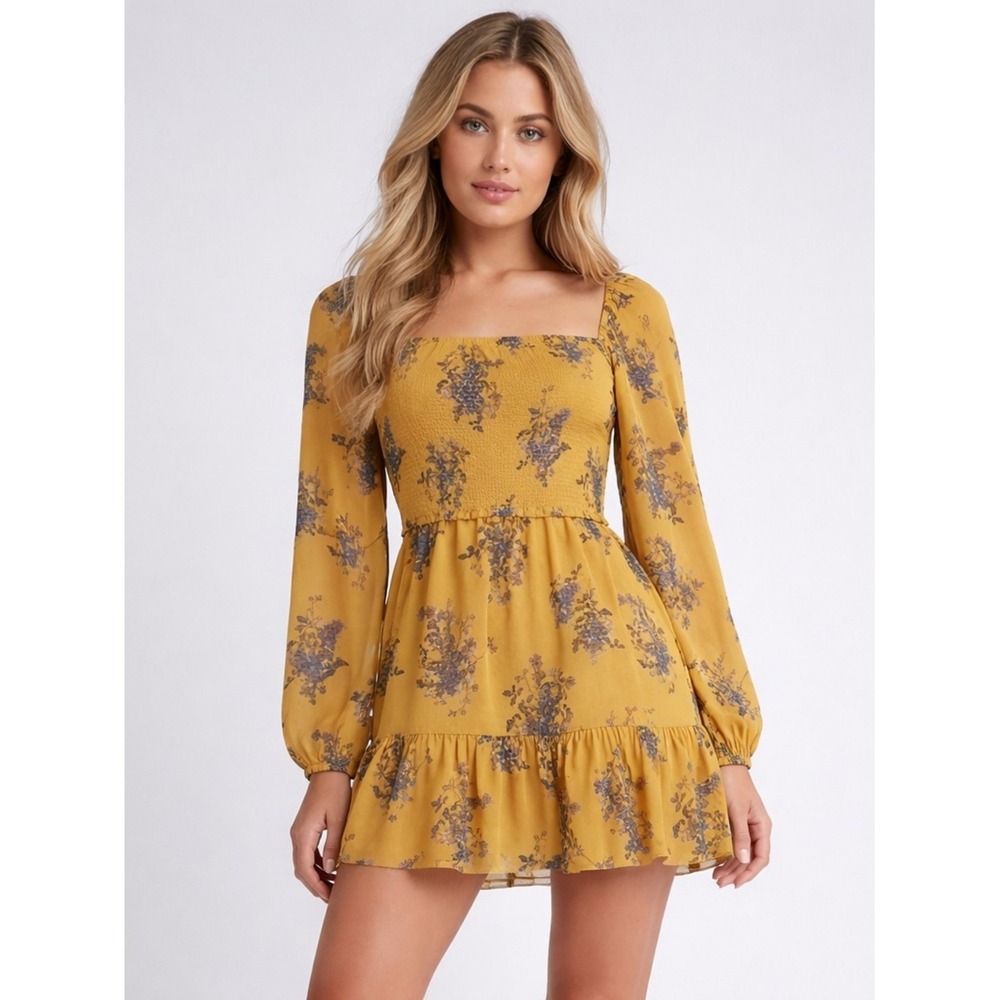 Wilfred Aritzia Goldie Tempest Smocked Chiffon Tiered Mini Dress Size Medium